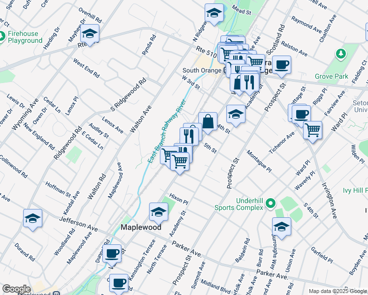 map of restaurants, bars, coffee shops, grocery stores, and more near 265 Valley Street in South Orange