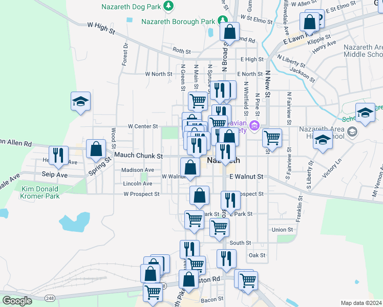 map of restaurants, bars, coffee shops, grocery stores, and more near 36 South Main Street in Nazareth