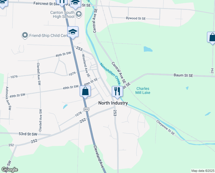 map of restaurants, bars, coffee shops, grocery stores, and more near 5004 Ridge Avenue Southeast in Canton