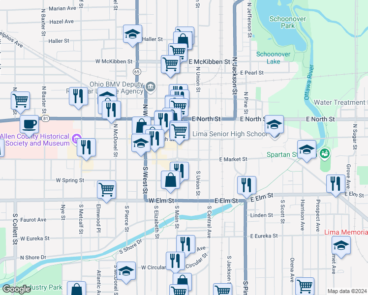 map of restaurants, bars, coffee shops, grocery stores, and more near 203 North Main Street in Lima
