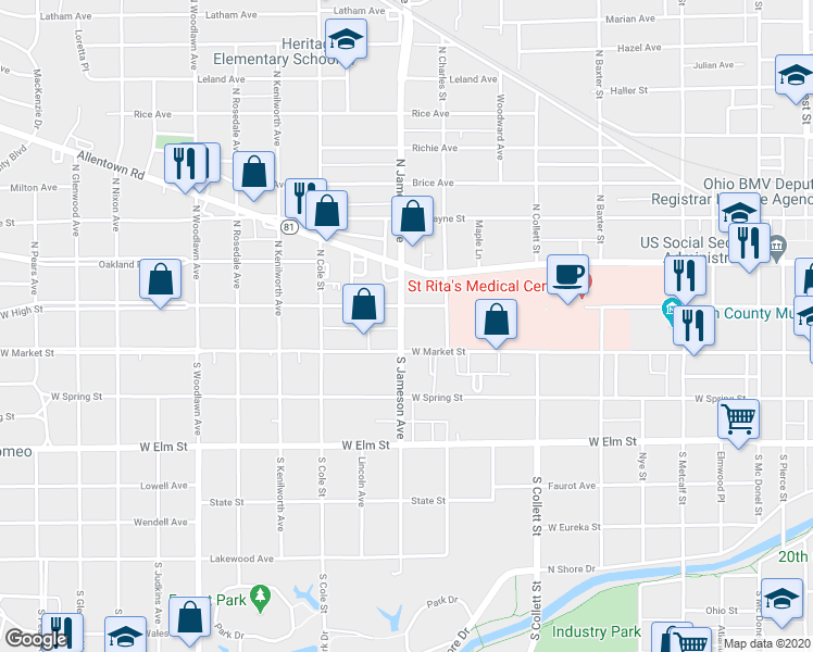 map of restaurants, bars, coffee shops, grocery stores, and more near 1100 West High Street in Lima
