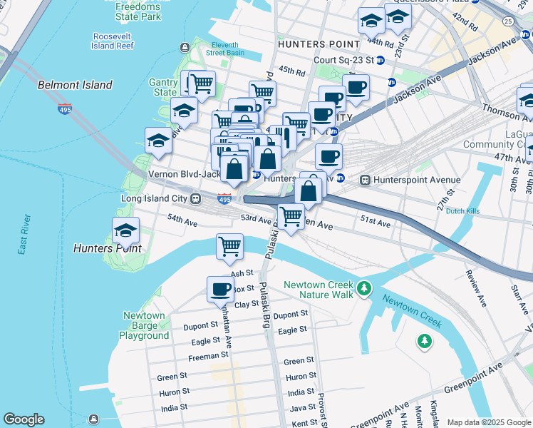 map of restaurants, bars, coffee shops, grocery stores, and more near 5 51st Avenue in Queens