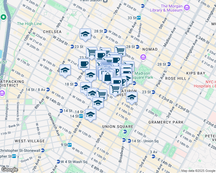 map of restaurants, bars, coffee shops, grocery stores, and more near 54 West 21st Street in New York