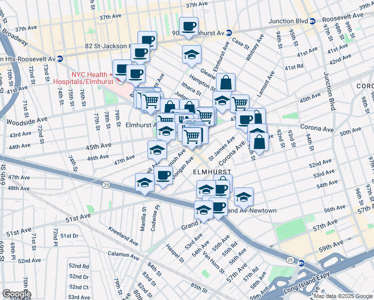 map of restaurants, bars, coffee shops, grocery stores, and more near 85-21 Whitney Avenue in Queens