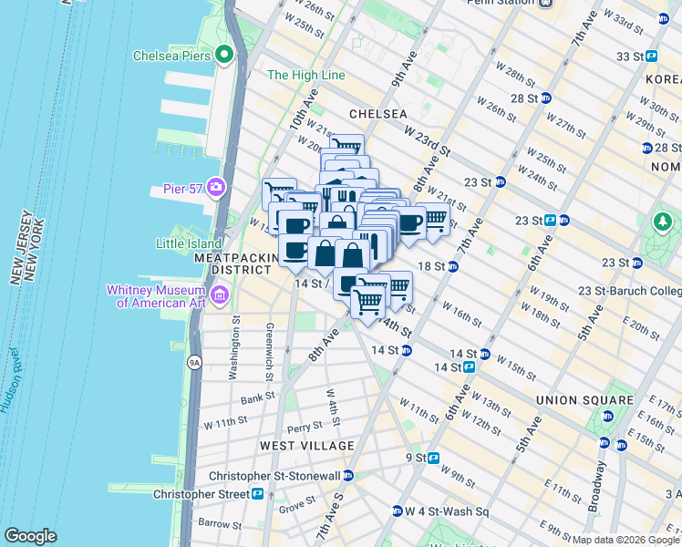 map of restaurants, bars, coffee shops, grocery stores, and more near 324 West 15th Street in New York