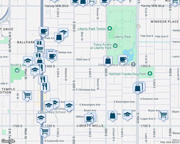 map of restaurants, bars, coffee shops, grocery stores, and more near 1328 400 East in Salt Lake City