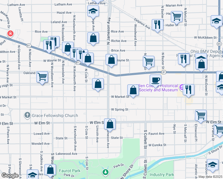 map of restaurants, bars, coffee shops, grocery stores, and more near 124 North Jameson Avenue in Lima