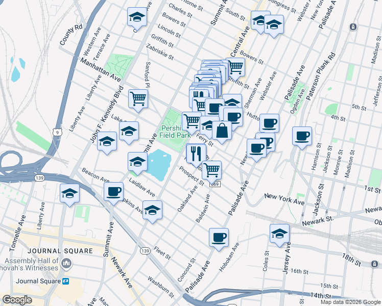 map of restaurants, bars, coffee shops, grocery stores, and more near 202 Central Avenue in Jersey City