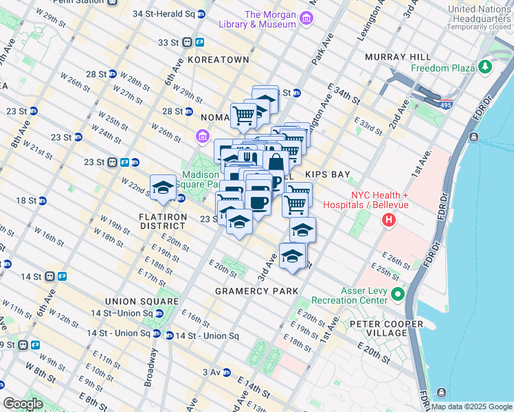 map of restaurants, bars, coffee shops, grocery stores, and more near 122 East 25th Street in New York