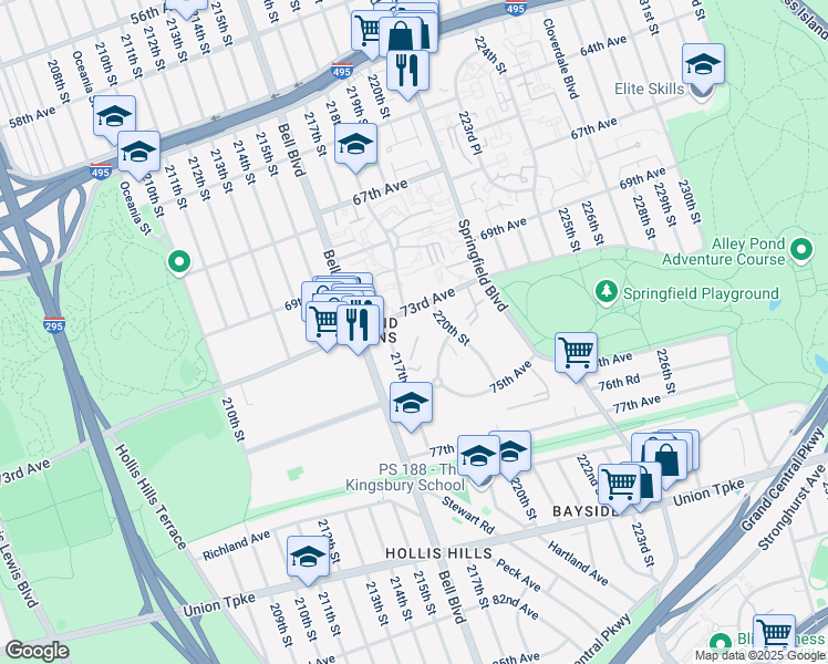 map of restaurants, bars, coffee shops, grocery stores, and more near 6969 218th Street in Queens