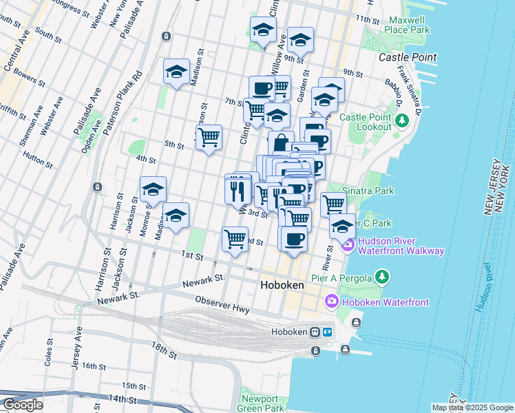 map of restaurants, bars, coffee shops, grocery stores, and more near 310 Park Avenue in Hoboken