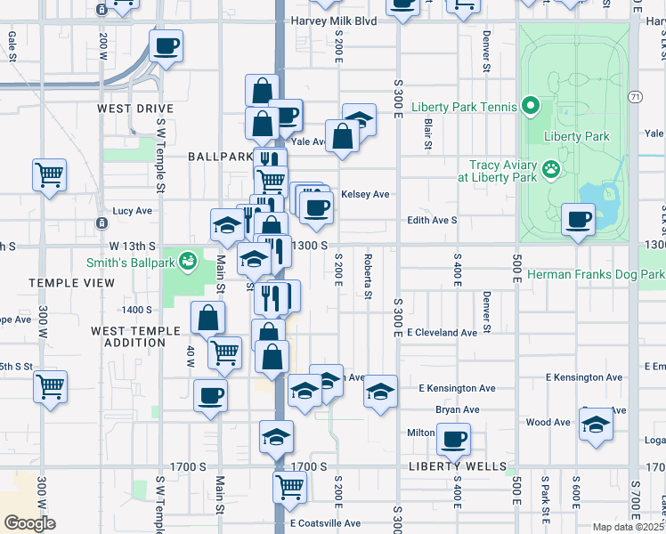 map of restaurants, bars, coffee shops, grocery stores, and more near 1332 South 200 East in Salt Lake City