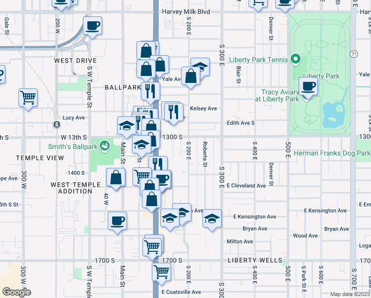 map of restaurants, bars, coffee shops, grocery stores, and more near 1332 South 200 East in Salt Lake City