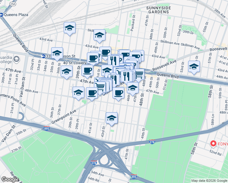 map of restaurants, bars, coffee shops, grocery stores, and more near 43-09 47th Avenue in Queens