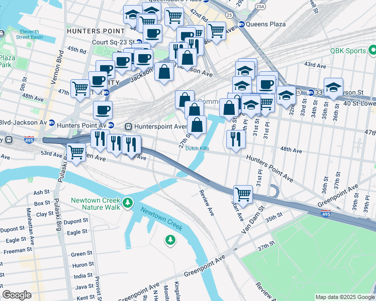 map of restaurants, bars, coffee shops, grocery stores, and more near 25-61 49th Avenue in Queens