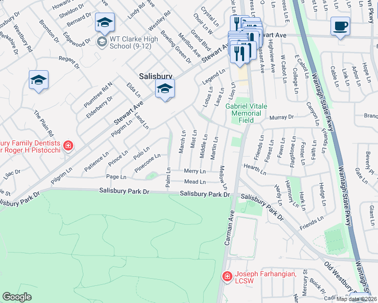 map of restaurants, bars, coffee shops, grocery stores, and more near 40 Mist Lane in Westbury