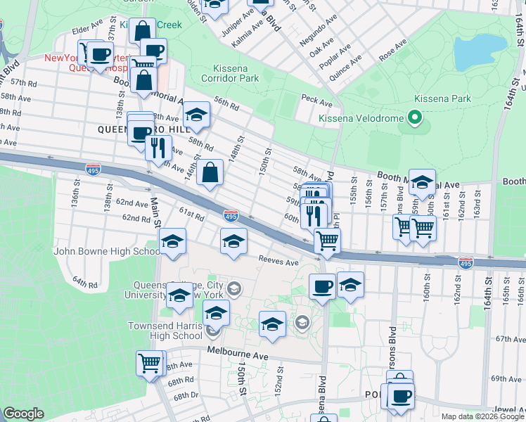 map of restaurants, bars, coffee shops, grocery stores, and more near 150-26 59th Avenue in Queens