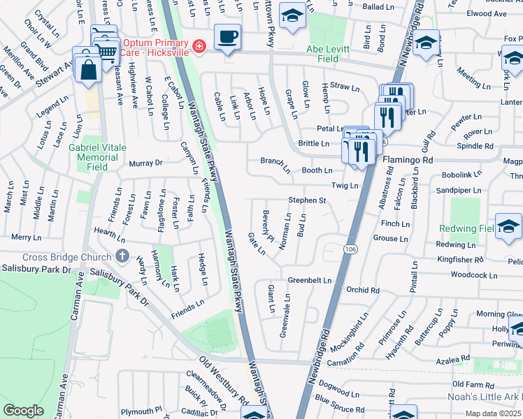 map of restaurants, bars, coffee shops, grocery stores, and more near 186 Stephen Street in Levittown