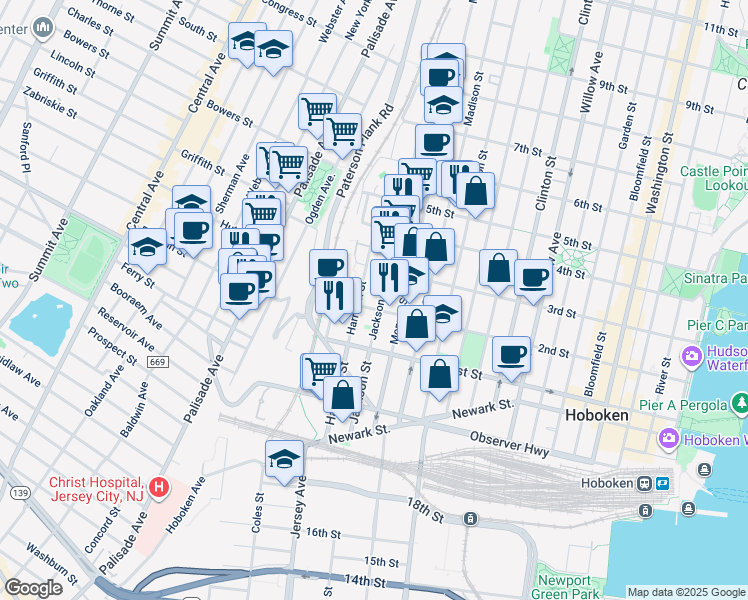 map of restaurants, bars, coffee shops, grocery stores, and more near 210 Harrison Street in Hoboken