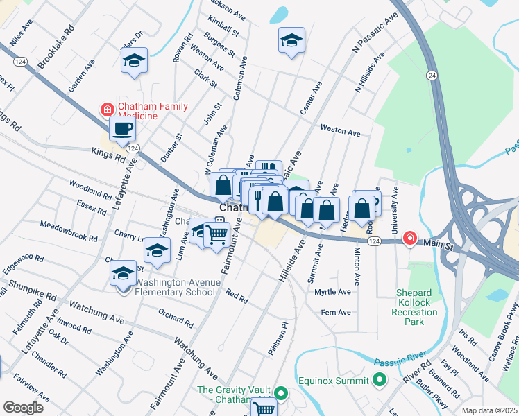 map of restaurants, bars, coffee shops, grocery stores, and more near 23 North Passaic Avenue in Chatham