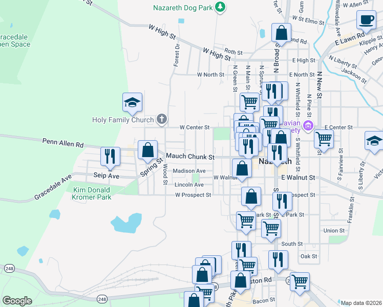 map of restaurants, bars, coffee shops, grocery stores, and more near 308 Mauch Chunk Street in Nazareth