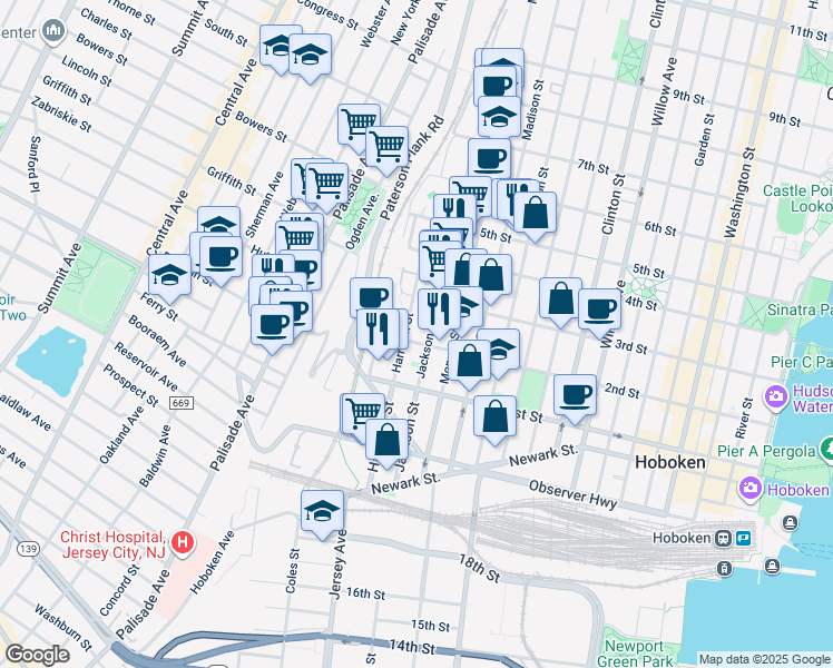 map of restaurants, bars, coffee shops, grocery stores, and more near 650 2nd Street in Hoboken