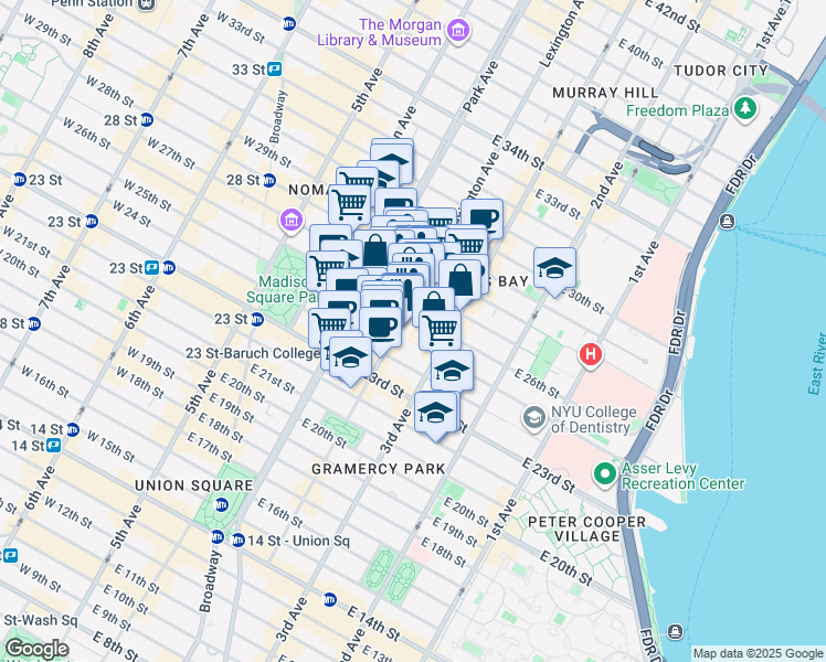 map of restaurants, bars, coffee shops, grocery stores, and more near 137 East 25th Street in New York