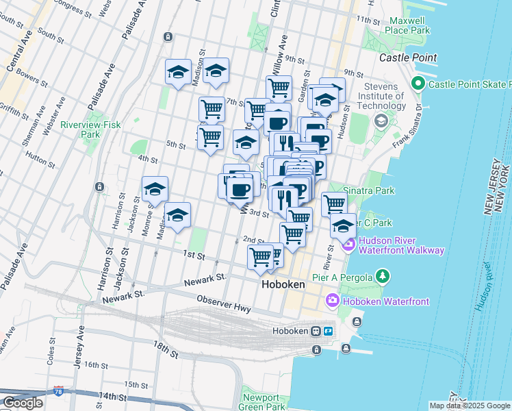 map of restaurants, bars, coffee shops, grocery stores, and more near 310 Park Avenue in Hoboken