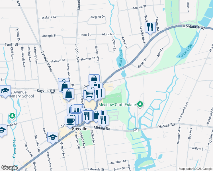 map of restaurants, bars, coffee shops, grocery stores, and more near 273 Overton Street in Sayville