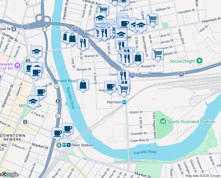 map of restaurants, bars, coffee shops, grocery stores, and more near Angelo Cifelli Drive in Harrison