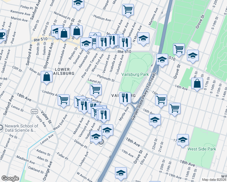map of restaurants, bars, coffee shops, grocery stores, and more near 100 Columbia Avenue in Newark