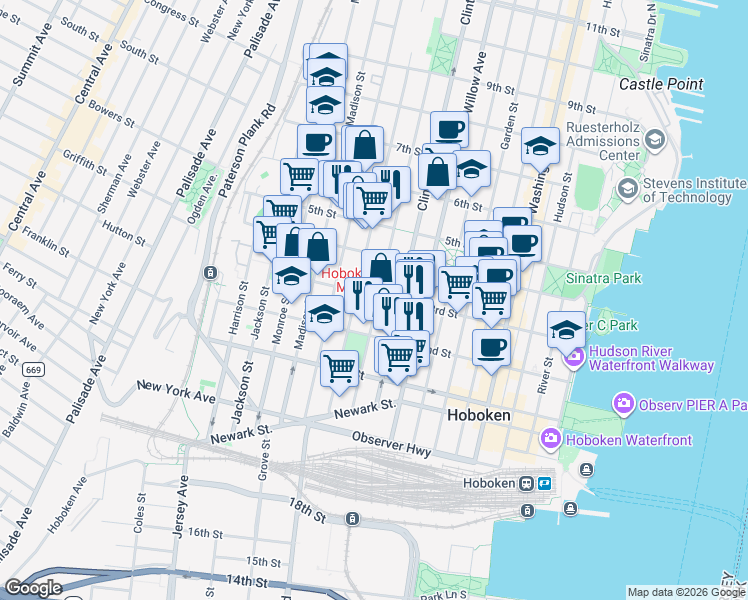 map of restaurants, bars, coffee shops, grocery stores, and more near 222 Grand Street in Hoboken