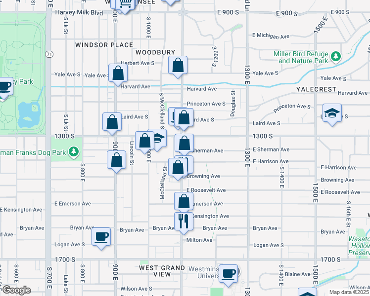 map of restaurants, bars, coffee shops, grocery stores, and more near 1103 East Sherman Avenue in Salt Lake City