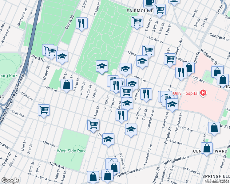 map of restaurants, bars, coffee shops, grocery stores, and more near 381 South Orange Avenue in Newark