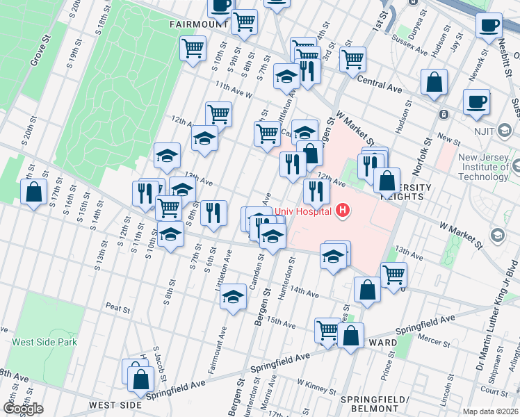 map of restaurants, bars, coffee shops, grocery stores, and more near 158 Littleton Avenue in Newark