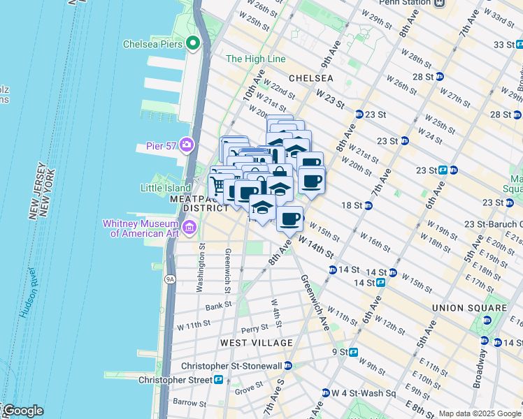 map of restaurants, bars, coffee shops, grocery stores, and more near 359 West 15th Street in New York