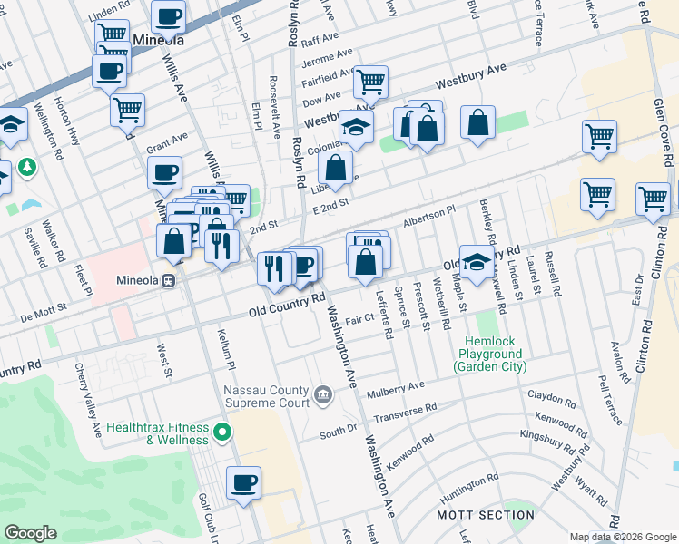 map of restaurants, bars, coffee shops, grocery stores, and more near in Mineola
