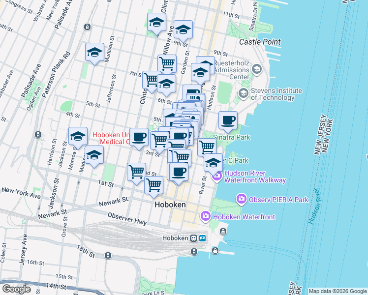 map of restaurants, bars, coffee shops, grocery stores, and more near 407 Washington Street in Hoboken