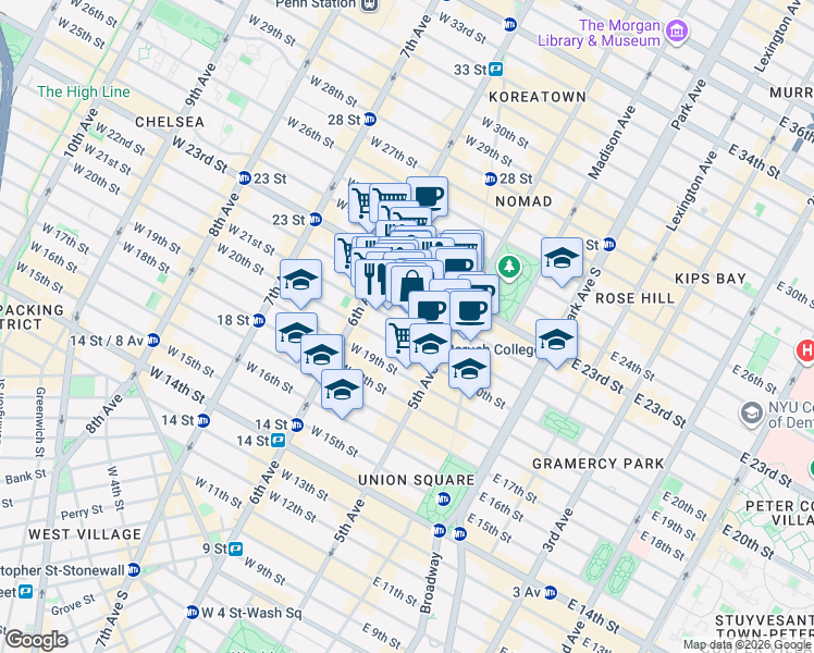 map of restaurants, bars, coffee shops, grocery stores, and more near 22 West 21st Street in New York