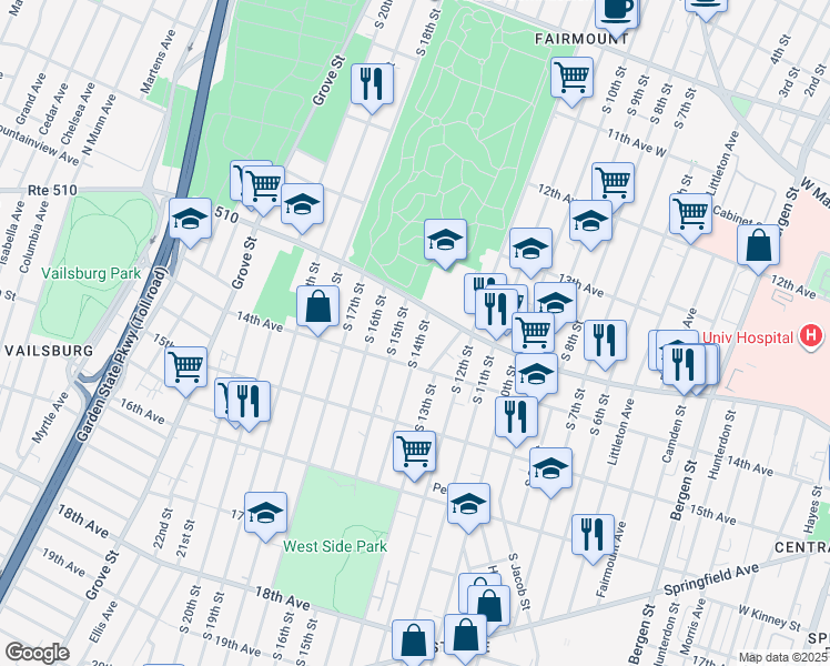 map of restaurants, bars, coffee shops, grocery stores, and more near 398-400 15th Avenue in Newark