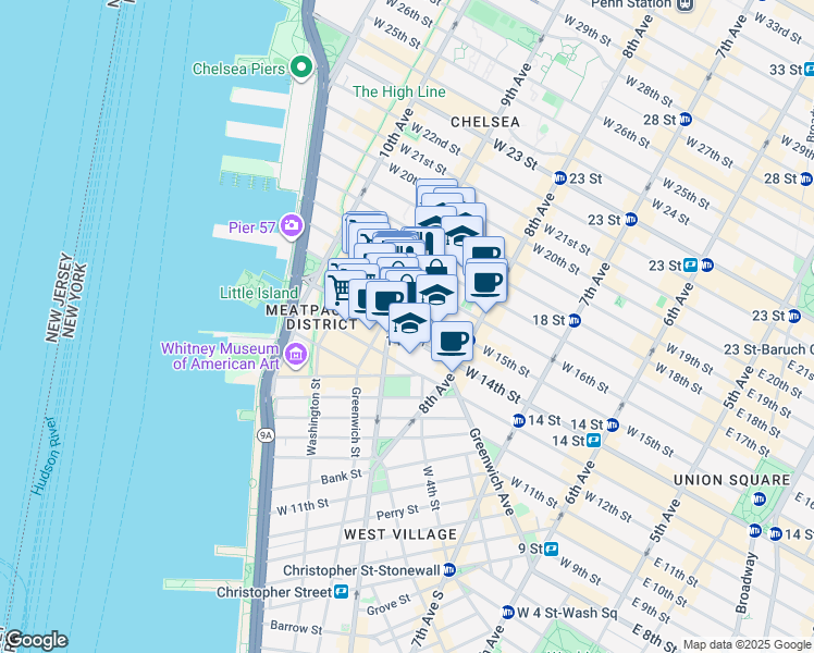 map of restaurants, bars, coffee shops, grocery stores, and more near 345 West 14th Street in New York