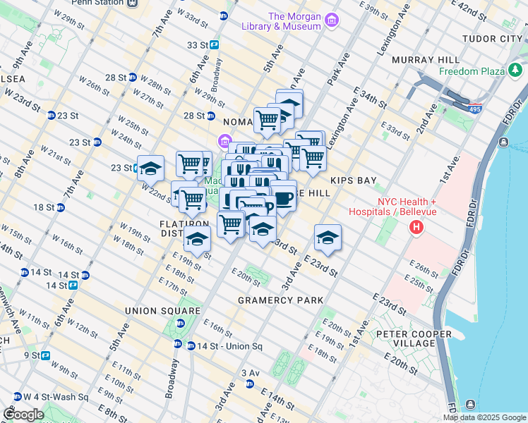 map of restaurants, bars, coffee shops, grocery stores, and more near 325 Park Avenue South in New York