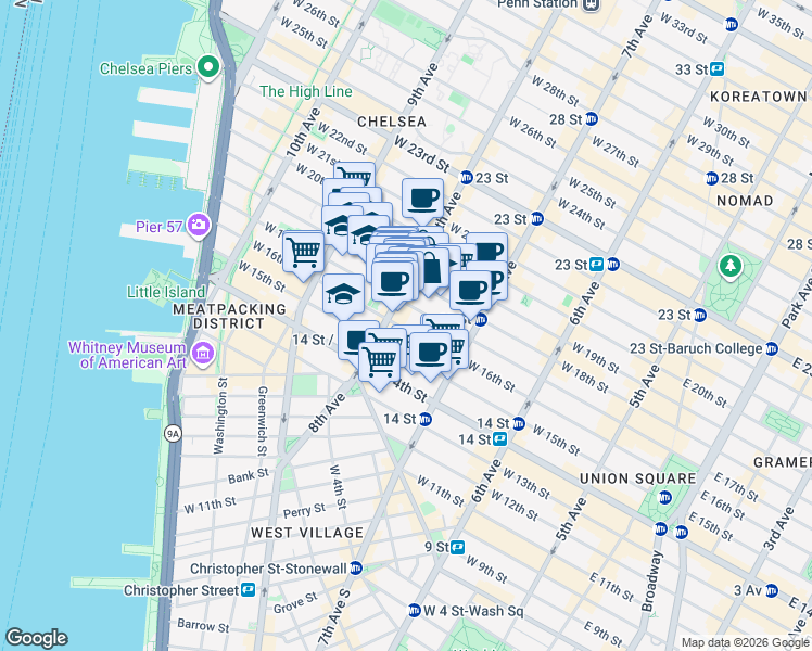 map of restaurants, bars, coffee shops, grocery stores, and more near 128 8th Avenue in New York
