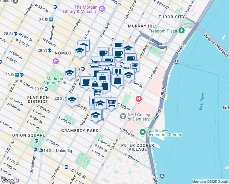 map of restaurants, bars, coffee shops, grocery stores, and more near 216 East 28th Street in New York