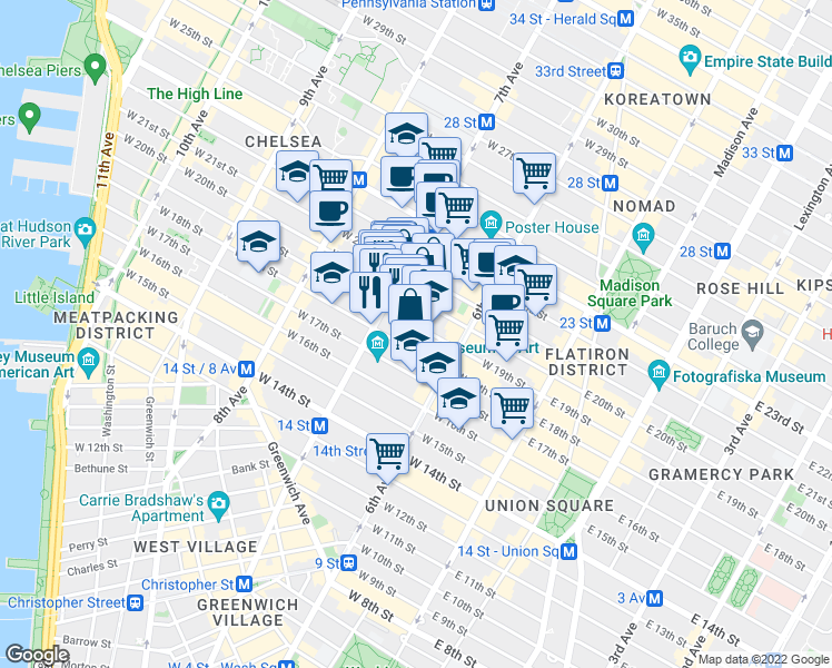 map of restaurants, bars, coffee shops, grocery stores, and more near 151 West 19th Street in New York