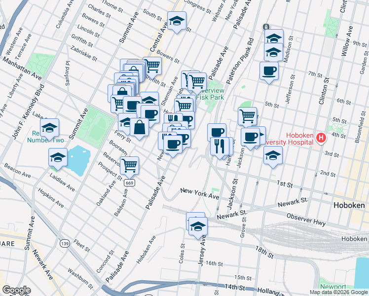 map of restaurants, bars, coffee shops, grocery stores, and more near 398 Palisade Avenue in Jersey City
