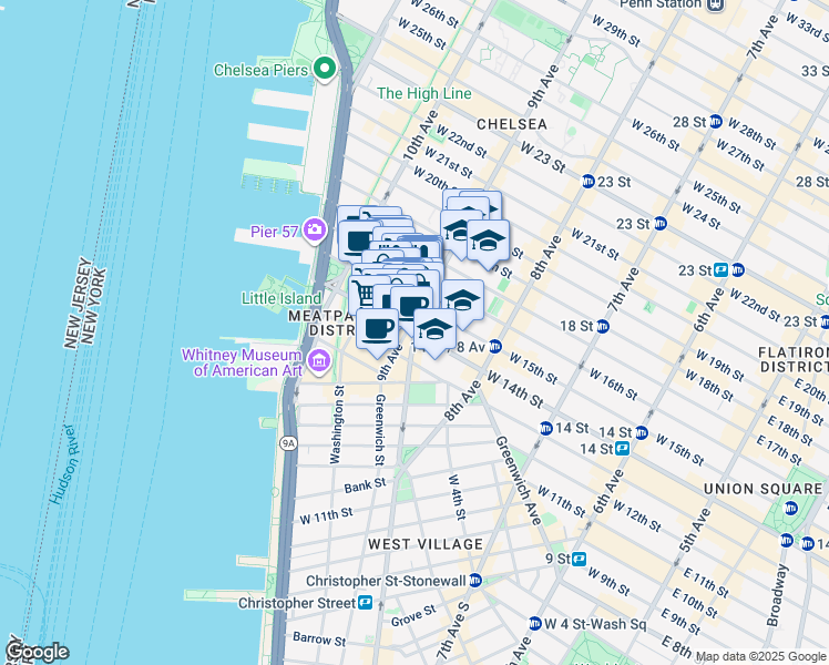 map of restaurants, bars, coffee shops, grocery stores, and more near Hudson Street in New York