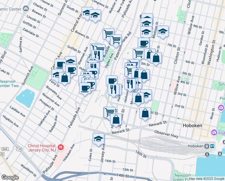 map of restaurants, bars, coffee shops, grocery stores, and more near in Jersey City