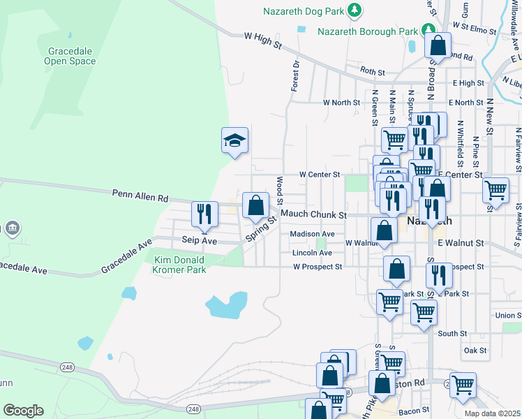 map of restaurants, bars, coffee shops, grocery stores, and more near 367 Mauch Chunk Street in Nazareth