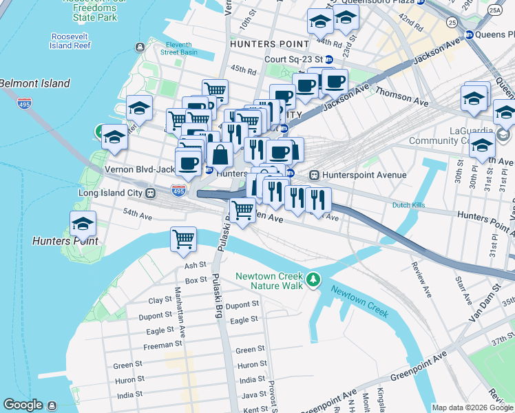 map of restaurants, bars, coffee shops, grocery stores, and more near 50-10 49th Avenue in Queens